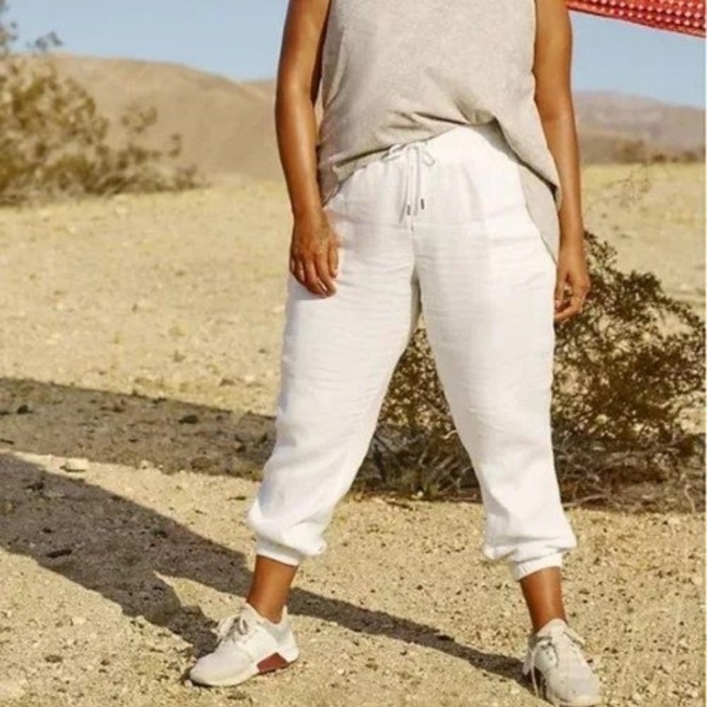NEW Athleta White 100% Linen Jogger Pants Hidden Zipper Pockets Size 20